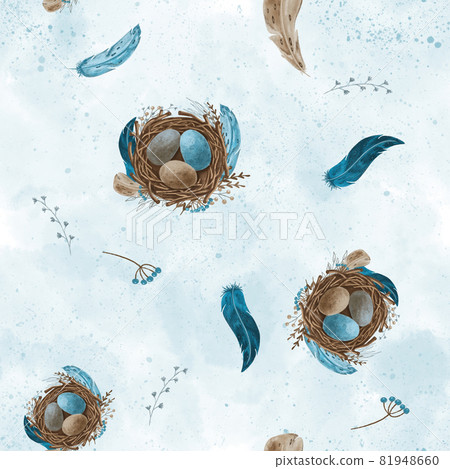 Nest with eggs. Seamless pattern on blue... - Stock Illustration ...