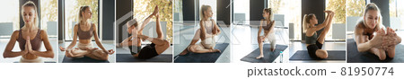 Composite image of shots of young slim sportive girl in sportswear doing yoga exercises on mat at yoga sport center. Concept of healthy lifestyle, wellbeing, mental health Composite image of shots of young slim sportive girl in sportswear doing yoga exercises on mat at yoga sport center. Concept of healthy lifestyle, wellbeing, mental health 81950774