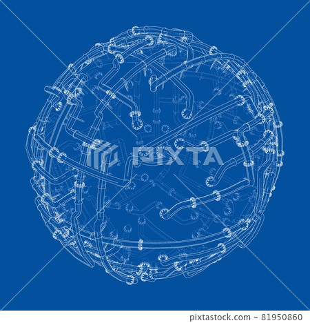 Pipes with flanges around a large sphere. Vector 81950860