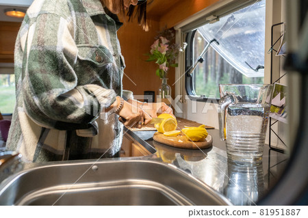 Hands of young female traveler preparing lemonade 81951887