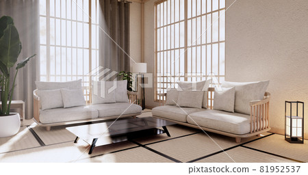 Wooden Arm chair and partition japanese on room tropical interior with tatami mat floor and white wall.3D rendering Wooden Arm chair and partition japanese on room tropical interior with tatami mat floor and white wall.3D rendering 81952537
