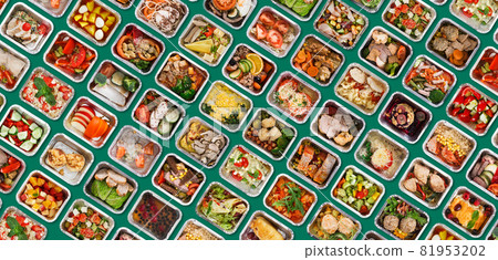 Set Of Foil Containers With Prepared Healthy Meals Over Green Background 81953202