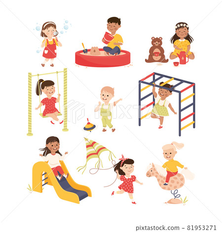 Smiling Children Playing and Having Fun Blowing Soap Bubbles, Sliding and Riding Carrousel Vector Set Smiling Children Playing and Having Fun Blowing Soap Bubbles, Sliding and Riding Carrousel Vector Set 81953271