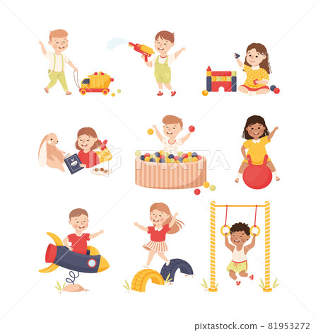 Smiling Children Playing and Having Fun Bouncing on Ball and Pulling Toy Car Vector Set 81953272