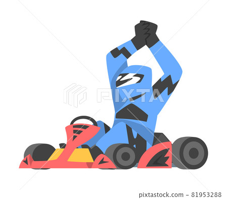 Kart Racing or Karting with Man Racer in Open Wheel Car Engaged in Motorsport Road Extreme Driving Vector Illustration 81953288