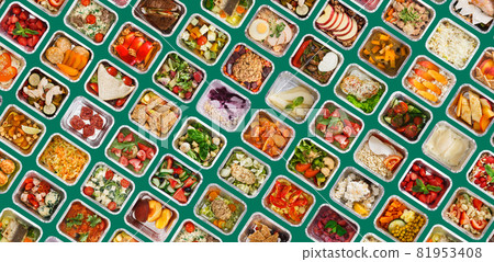 Dietic Nutrition. Healthy Low Fat Meals In Foil Containers Over Green Background Dietic Nutrition. Healthy Low Fat Meals In Foil Containers Over Green Background 81953408