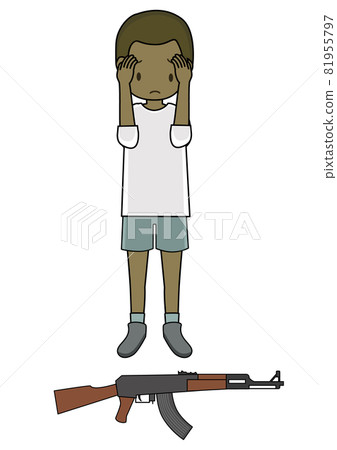 Illustration of a boy (child soldier) with a sad face in front of the rifle: For the image of the goals of the SDGs, etc. 81955797
