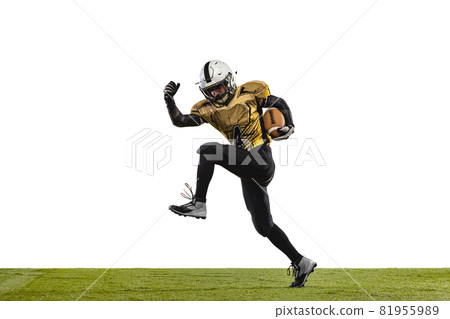 One professional american football player in a motion isolated over white studio background 81955989