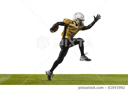 One professional american football player in a motion isolated over white studio background One professional american football player in a motion isolated over white studio background 81955992