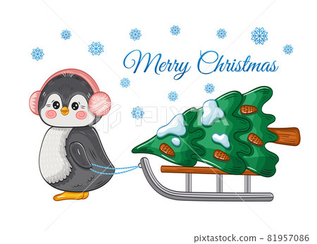 Baby emperor penguin bird in earmuffs pull sled with Christmas tree. Cute adorable arctic animal cartoon character in winter hat. Holiday xmas or New Year greeting card. Isolated hand drawn vector Baby emperor penguin bird in earmuffs pull sled with Christmas tree. Cute adorable arctic animal cartoon character in winter hat. Holiday xmas or New Year greeting card. Isolated hand drawn vector 81957086
