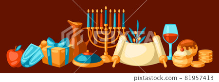 Happy Hanukkah background with religious symbols. Illustration with holiday objects. 81957413
