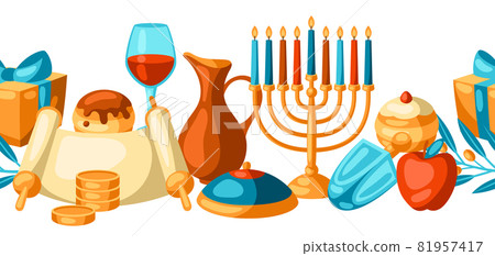 Happy Hanukkah seamless pattern with religious symbols. Background with holiday objects. 81957417