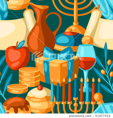 Happy Hanukkah seamless pattern with religious symbols. Background with holiday objects. Happy Hanukkah seamless pattern with religious symbols. Background with holiday objects. 81957418