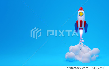 3d rocket takes off with jet smoke on blue background 3d rocket takes off with jet smoke on blue background 81957419
