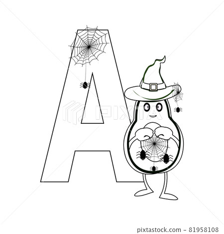 Coloring alphabet alphabet for kids letter A.Alphabet, letter A. In the style of halloween and cartoon. Word on A Avacado with cobweb, spider. Learn the alphabet, English. Textbooks, school, banner, p Coloring alphabet alphabet for kids letter A.Alphabet, letter A. In the style of halloween and cartoon. Word on A Avacado with cobweb, spider. Learn the alphabet, English. Textbooks, school, banner, p 81958108