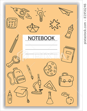 Cover Notebook school doodles icons hand drawn. Template cover for diary, broshure, poster, sketchbook. Vector illustration Cover Notebook school doodles icons hand drawn. Template cover for diary, broshure, poster, sketchbook. Vector illustration 81958246