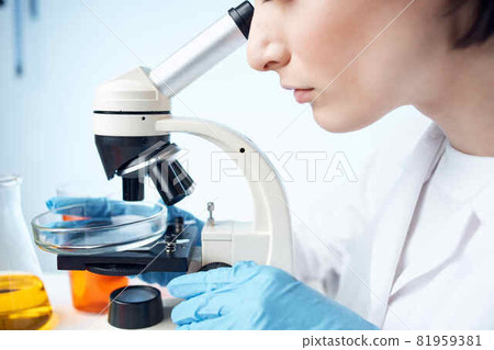 female laboratory assistant looking through a microscope biotechnology science research 81959381