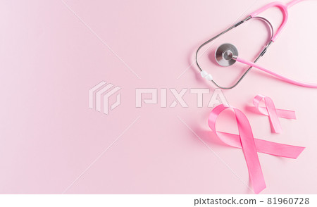 Pink ribbons and stethoscope on pastel background, Symbol of women's breast cancer awareness, Health care and medical concept. Pink ribbons and stethoscope on pastel background, Symbol of women's breast cancer awareness, Health care and medical concept. 81960728