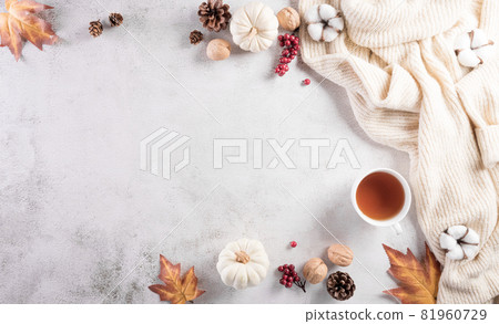 Autumn composition. Pumpkin, cotton flowers, autumn leaves and sweater on stone background. Flat lay, top view with copy space. Autumn composition. Pumpkin, cotton flowers, autumn leaves and sweater on stone background. Flat lay, top view with copy space. 81960729