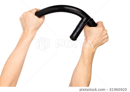 two white arms bending black rubber police baton isolated on white background two white arms bending black rubber police baton isolated on white background 81960920