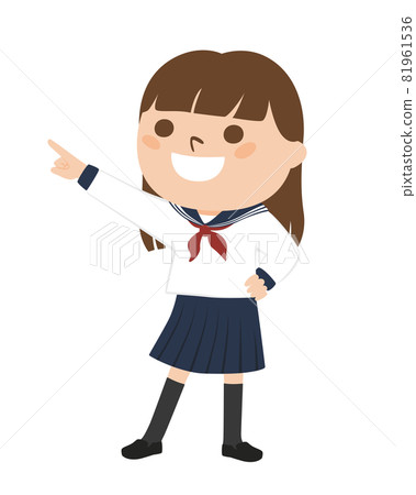 Illustration of a schoolgirl. A girl in uniform pointing to the future. 81961536