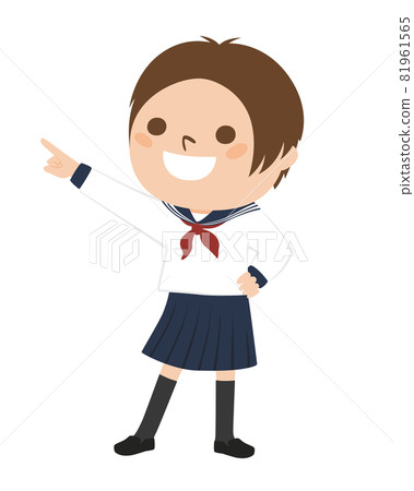 Illustration of a schoolgirl. A girl in uniform pointing to the future. 81961565