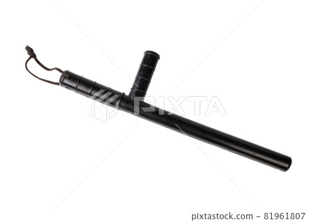 Black classic rubber police tonfa baton isolated on white background in top-down flat lay perspective. Black classic rubber police tonfa baton isolated on white background in top-down flat lay perspective. 81961807