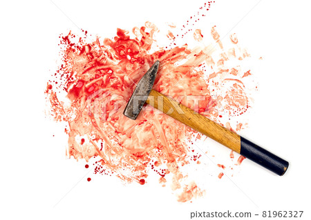 old hammer on human blood splatter isolated on white background in flat lay top-down perspective 81962327