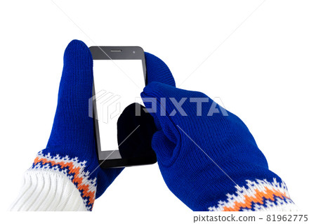 cellphone with white-blue mittens isolated on white background 81962775