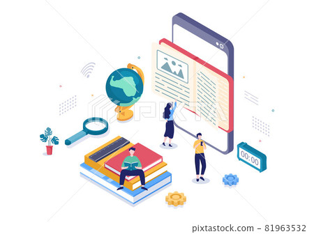 Online Library Digital Education Background with Distance Learning, Recorded Classes, Video Tutorial to Gain Knowledge. Flat Design Vector Illustration Online Library Digital Education Background with Distance Learning, Recorded Classes, Video Tutorial to Gain Knowledge. Flat Design Vector Illustration 81963532