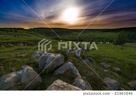 night stones moon halo landscape night stones moon halo landscape 81963846