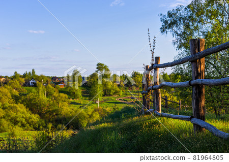 rustic view with log fence and selective focus rustic view with log fence and selective focus 81964805