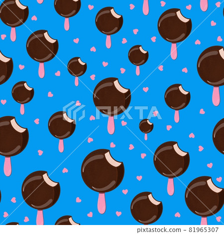 Seamless pattern with chocolate popsicle in cartoon style on a blue background. 81965307