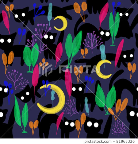 Seamless halloween pattern with mysterious black cats and watercolor plants Seamless halloween pattern with mysterious black cats and watercolor plants 81965326