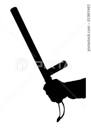 a black and white silhouette of hand in shirt with rubber police baton isolated on white background 81965465