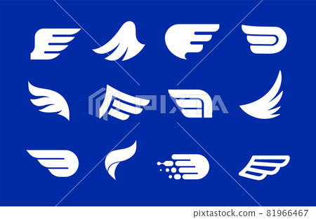 Collection of blue wings logos, icons and symbols. Fast delivery, motion and speed concept. 81966467