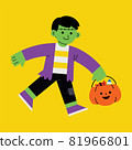 Little boy in Zombie monster costume with pumpkin basket for Trick or Treat on white background. 81966801