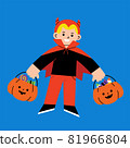 Little boy in Devil monster costume with pumpkin basket for Trick or Treat on white background. 81966804