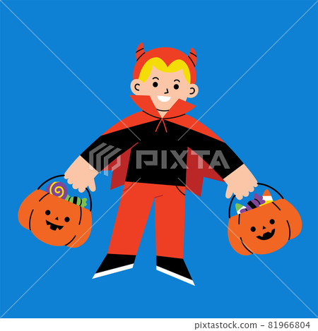 Little boy in Devil monster costume with pumpkin basket for Trick or Treat on white background. 81966804