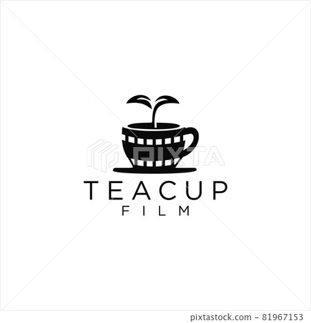 The Teacup Film Logo Vector Stock. Tea Cups with Leaves Grow the Logo for Film Media Black Silhouette 81967153