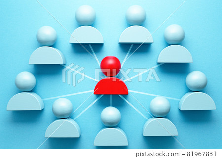 Image of team network and communication. Finger the red humanoid block surrounded by the blue humanoid block 81967831