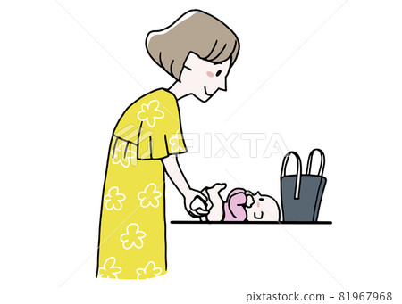 一個女人在路上給她的孩子換尿布 一個女人在路上給她的孩子換尿布 81967968