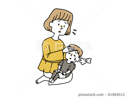 Mom putting her hand on the forehead of a feverish child Mom putting her hand on the forehead of a feverish child 81968012