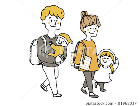 Mother holding hands with father and daughter walking with baby 81968037