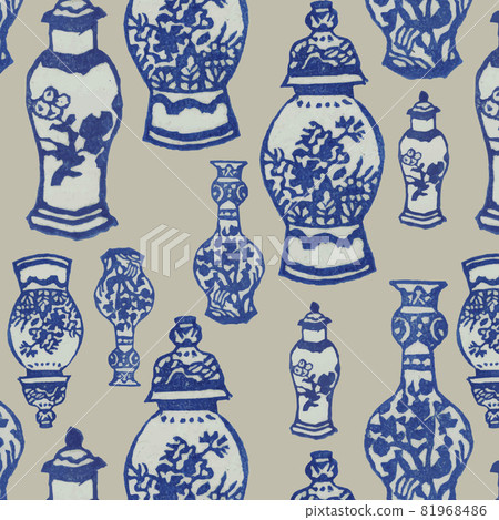 代爾夫特陶器（鍋）的手工郵票無縫圖案 81968486