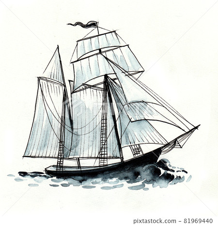 Sailing ship in the sea. Ink black and white... - Stock Illustration ...