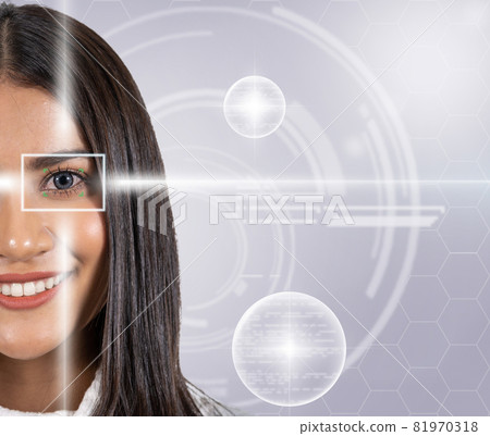 Eye scanning of asian young woman by laser light over the digital virtual technology background, vision and identification concept 81970318