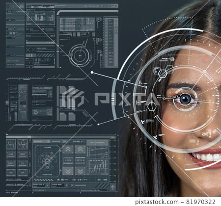 Asian women being futuristic vision, digital technology screen over the eye vision background, security and command in the accesses. surveillance and sefety concept Asian women being futuristic vision, digital technology screen over the eye vision background, security and command in the accesses. surveillance and sefety concept 81970322