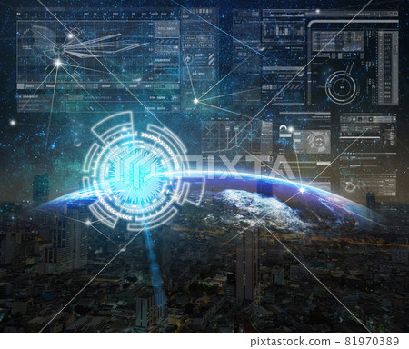 Technology digital virtual screen with the Network connection on Part of earth with sun rise and lens flare over the Milky Way and cityscape background, innovation concept Technology digital virtual screen with the Network connection on Part of earth with sun rise and lens flare over the Milky Way and cityscape background, innovation concept 81970389