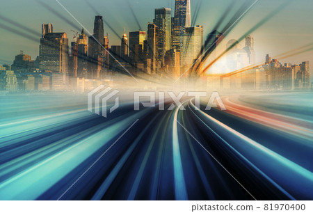Blur Motion moving from japan train monorail heading to New York Cityscape with sunset ray background, United States, Automotive and elevated road, innovation and inspiration concept Blur Motion moving from japan train monorail heading to New York Cityscape with sunset ray background, United States, Automotive and elevated road, innovation and inspiration concept 81970400